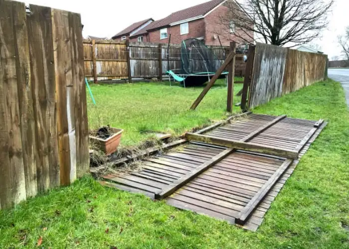 Fallen wooden fence panels in a backyard