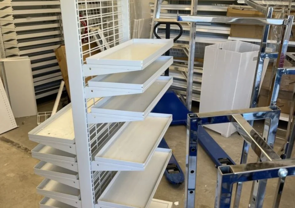 Metal shelving and rolling fixtures in a business space